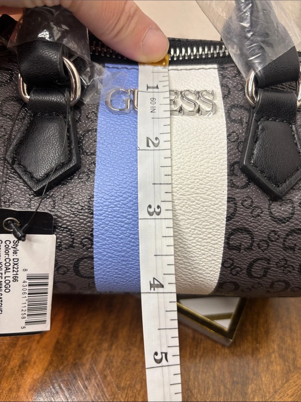 Guess Black Mini Satchel with Blue and White Center Stripe and crossbody strap - Picture 13 of 16